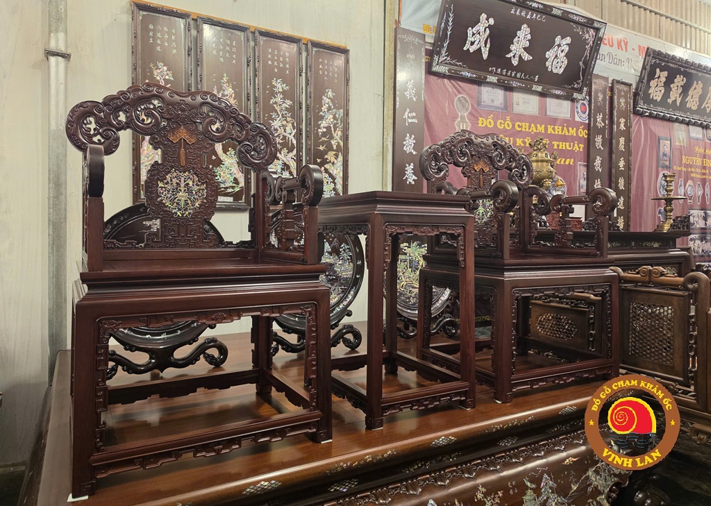 Bộ ghế 3 món Minh gỗ Cẩm lai khảm ốc singapore 